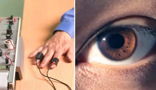 Close up of eye and lie detector